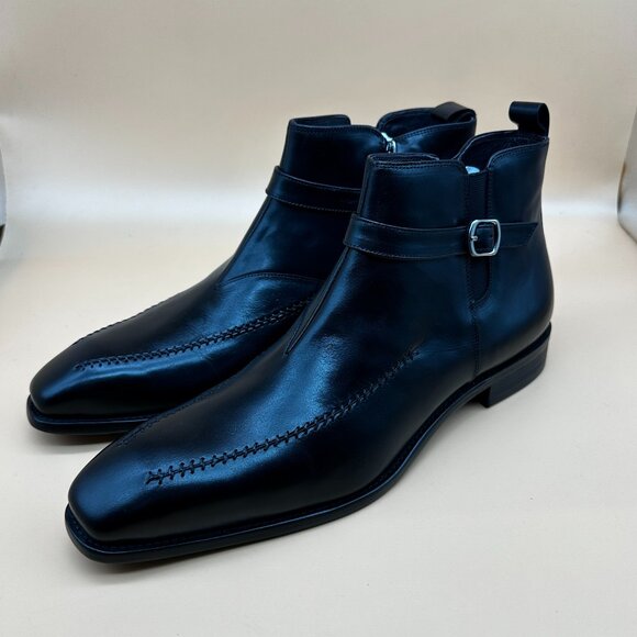Santimon Men's US 7.5 12 Black Leather Buckle Strap Zipper Ankle Dress BootsP